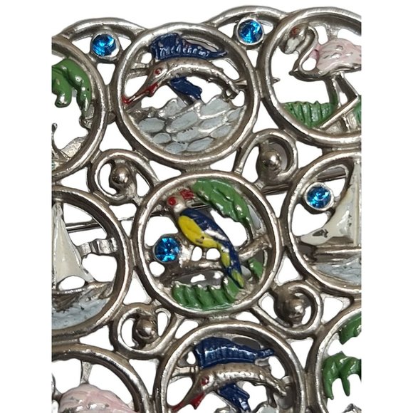 Brooch Silver Tone Sailboat Flamingo Parrot Missing Stones - Picture 12 of 12